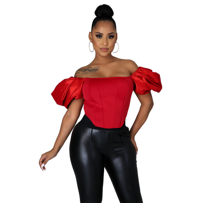 Women Solid Color Square Collar Puff Sleeve Tops Red White S-XL