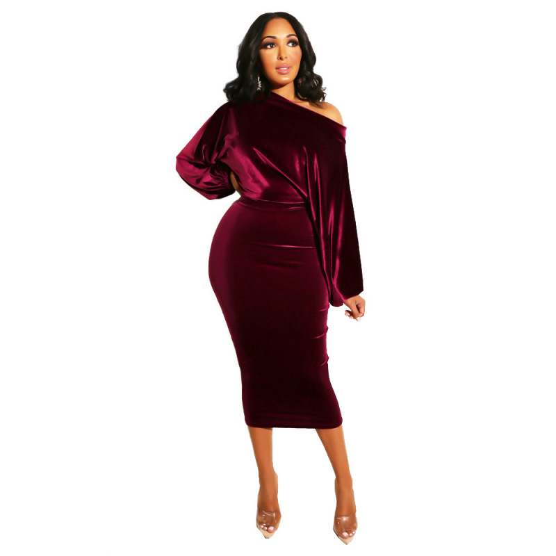 Women Slim Solid Color Slash Neck Puff Sleeve Wine Red Purple Blue Green Coffee S-XL