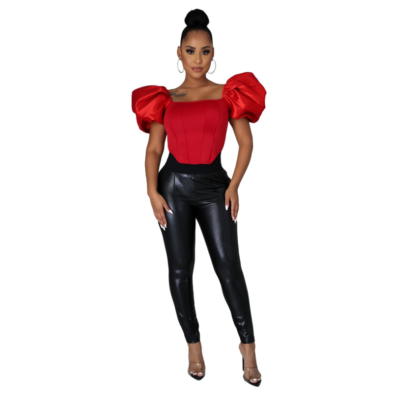 Women Solid Color Square Collar Puff Sleeve Tops Red White S-XL