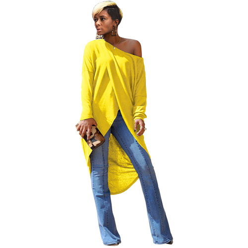 Women Fashion Solid Color Slash Neck Tops Black Yellow White Orange Blue S-2XL