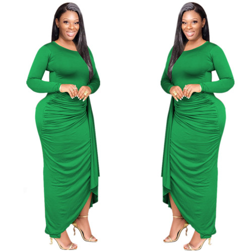 Wholesale Women Long Sleeve O-Neck Solid Color Side Ruched Casual Long Dress Green S-2XL