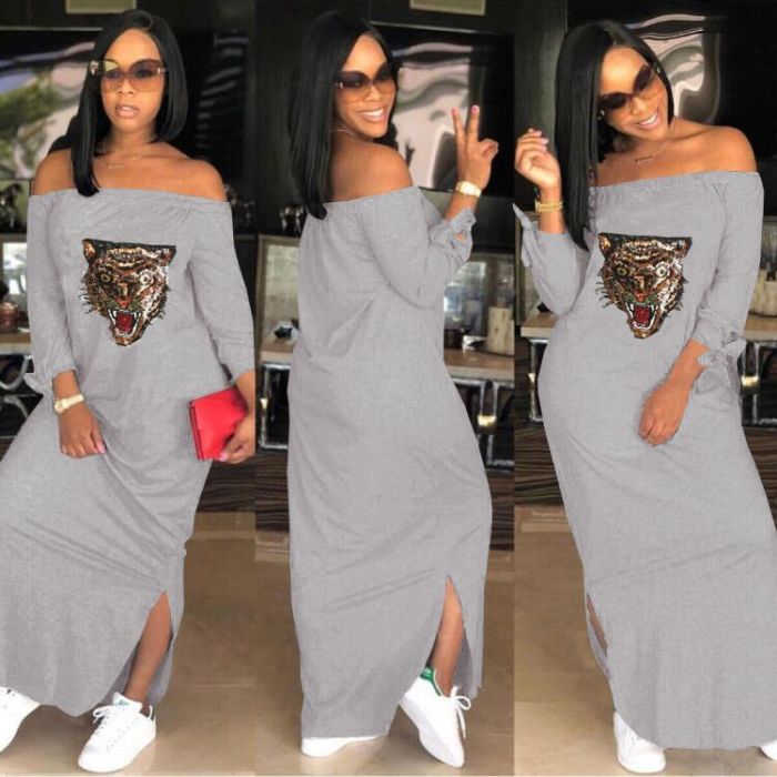 Women Casual Tiger Printing Long Sleeve Off Shoulder Maxi Dress Wine Red Black Gray S-2XL