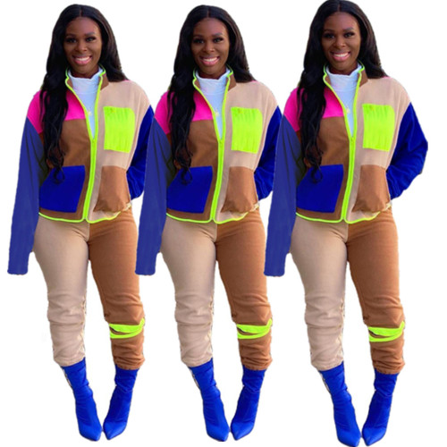 Hot Selling Women's Colorblock Long Sleeve Street Coat Fashion Pants Beige Two Piece S-3XL