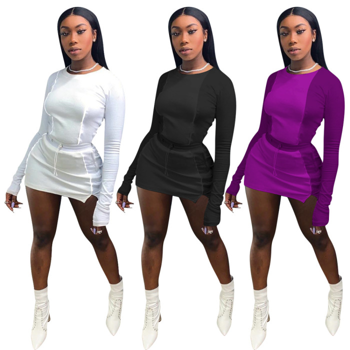 Women Sexy Solid Color Slim Long Sleeve Two Piece Set White Purple Black S-XL