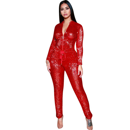 Lady Fashion Sexy V-Neck Strappy Jumpsuit Red Black Silver S-3XL