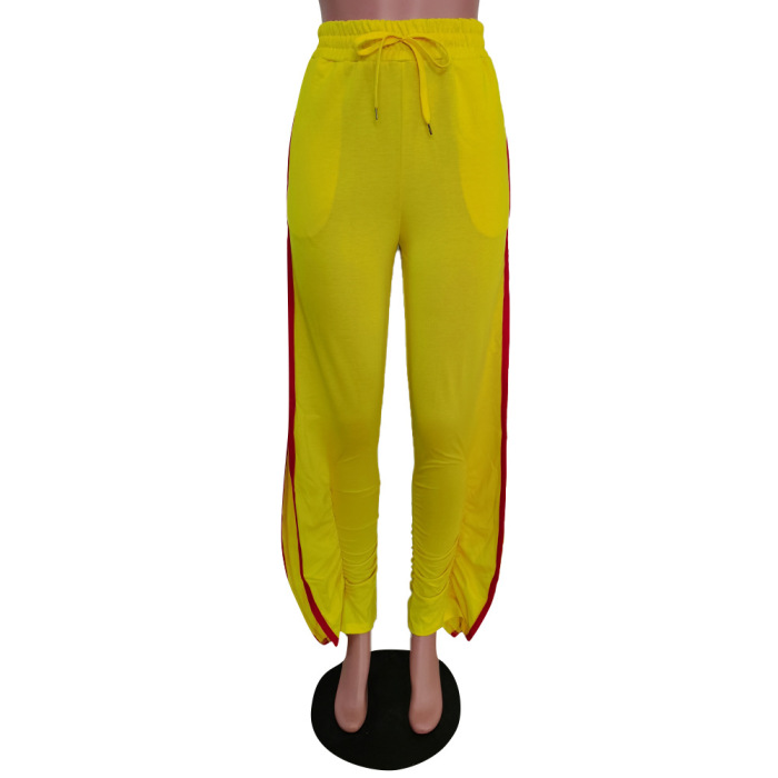 Lady's Fashion Side Slit Drawstring Casual Loose Pants Black Yellow Green Blue Gray S-2XL