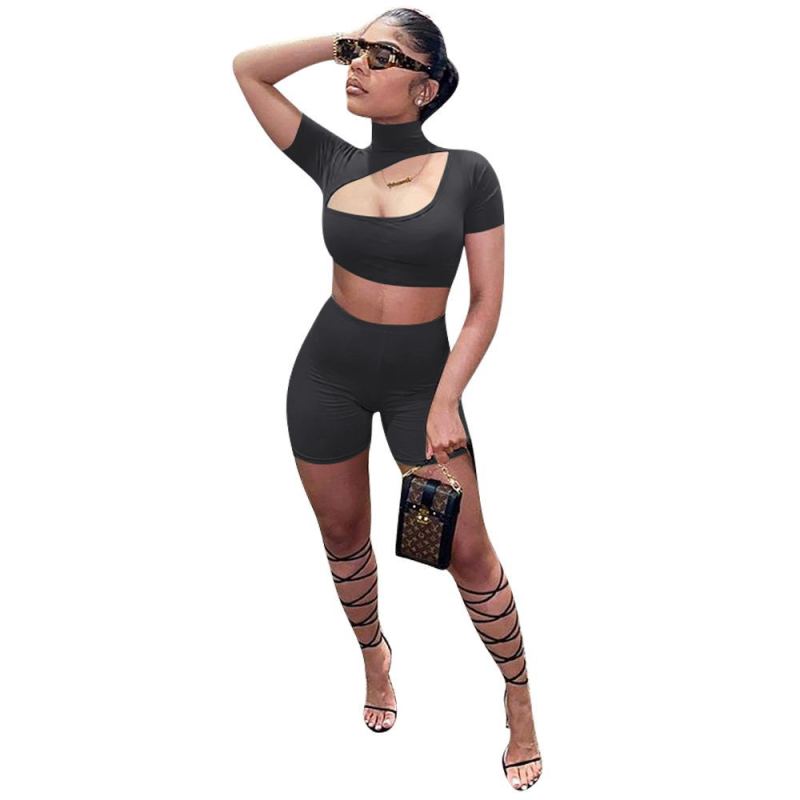 Lady Fashion Summer Short Sleeve High Neck Hollow Out  Crop Tops & Slim Shorts Two Piece Set Yellow Green Black Rose Red Blue Gray S-2XL