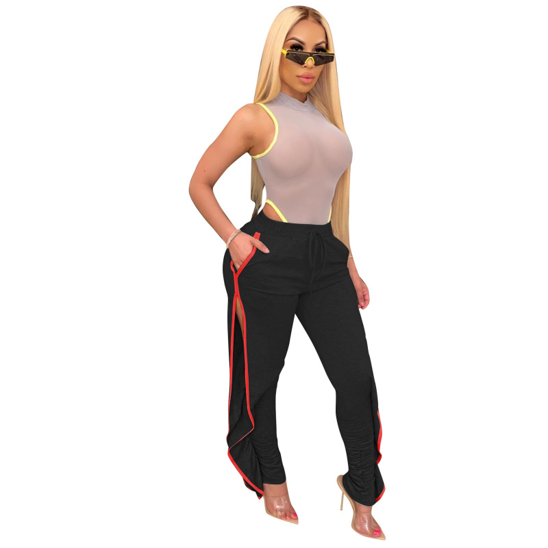 Lady's Fashion Side Slit Drawstring Casual Loose Pants Black Yellow Green Blue Gray S-2XL