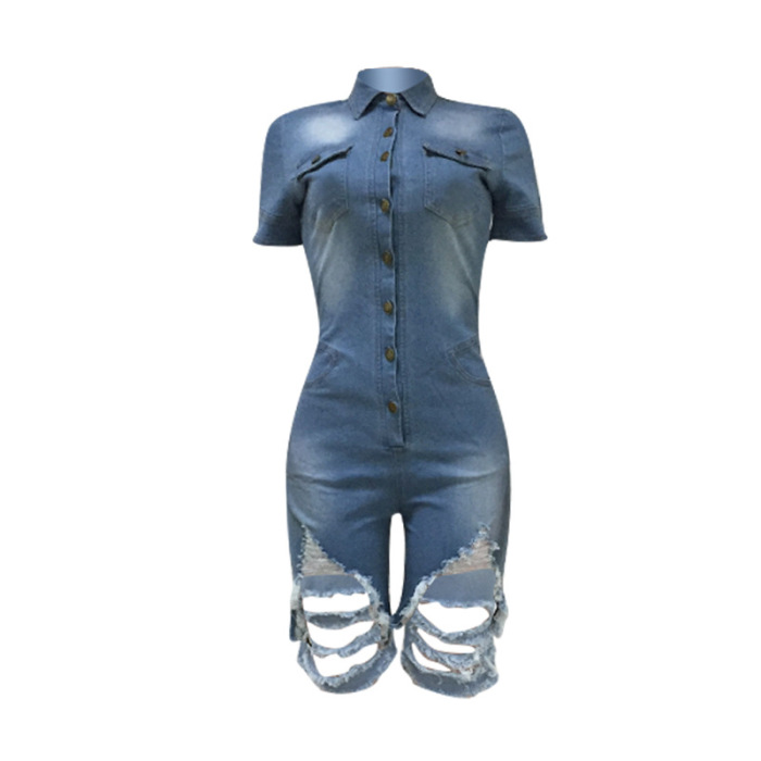 Women's Stylish Turn-down Collar Button Short Sleeve Women Jeans Rompers Blue Yellow Rose Red S-2XL