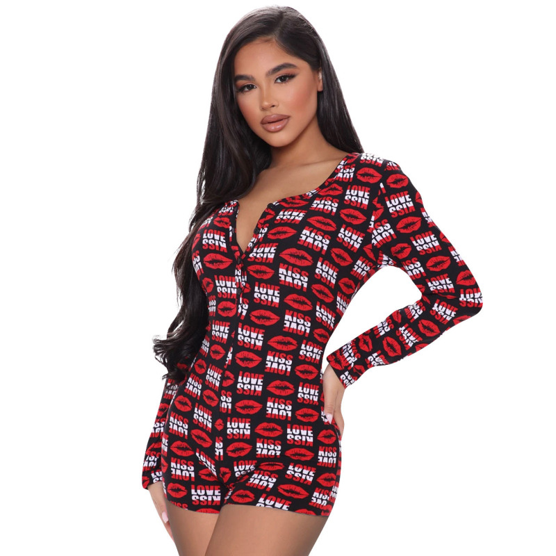 Women Print Slim Long Sleeve Onesies White Red S-XL