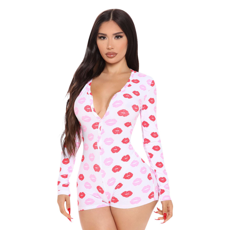 Women Print Slim Long Sleeve Onesies White Red S-XL