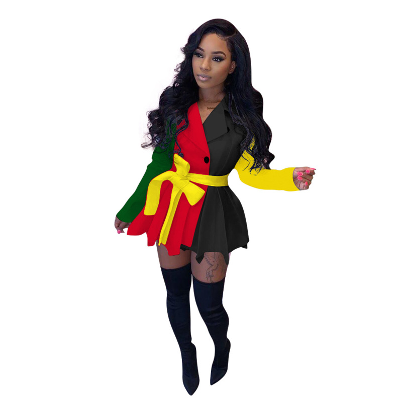 Women Casual Colorblock Long Sleeve One Piece Dress Yellow Red Black Green Orange S-2XL