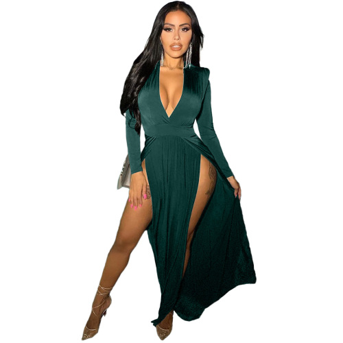 Lady V-Neck Slit Solid Color Party One Piece Dress Wine red Black Green Blue S-XL