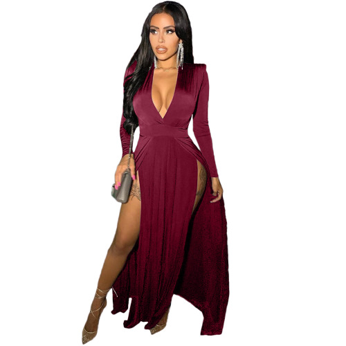 Lady V-Neck Slit Solid Color Party One Piece Dress Wine red Black Green Blue S-XL
