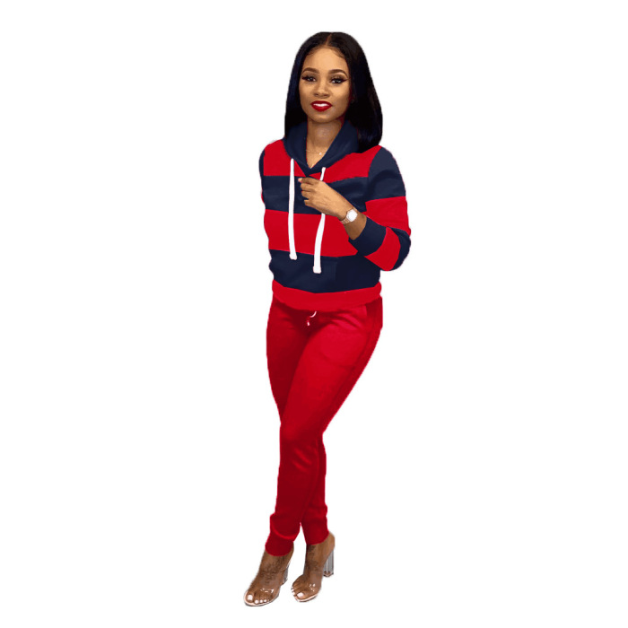 Women Casual Colorblock Hoodies Strappy Two Piece Set Pink Red Gray Blue Yellow S-3XL