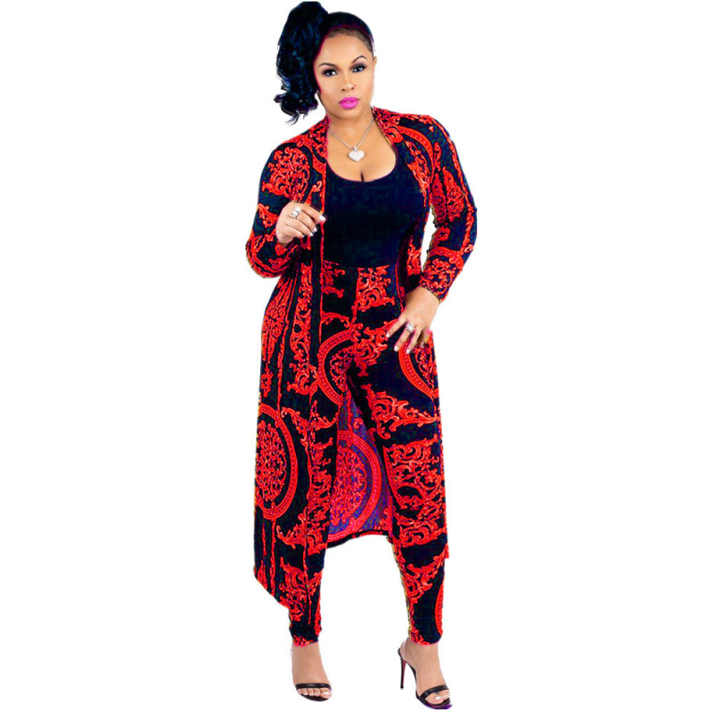 Women Fashion Casual Long Sleeve Print Two Piece Set Red Green Blue S-3XL