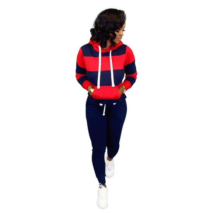 Women Casual Colorblock Hoodies Strappy Two Piece Set Pink Red Gray Blue Yellow S-3XL