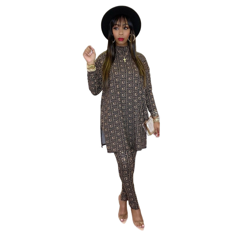 Women Print Long Sleeve Slit Two Piece Set Gold S-2XL 