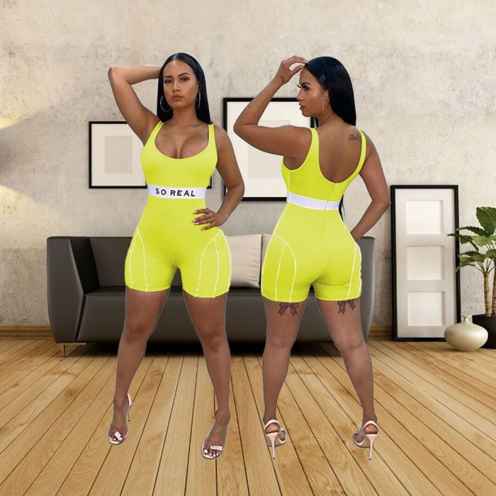 Woman So Real Printing Backless Sleeveless Slim Sports Wear Romper Yellow Black Apricot S-XL