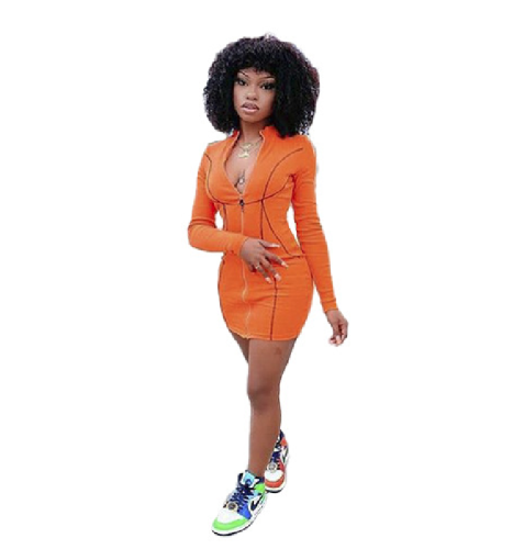 Women Fashion Long Sleeve Zipper Neck Mini Dress Orange S-XL