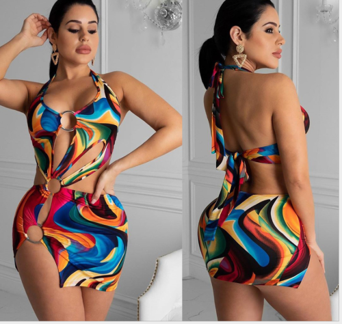 Women Print Colorful Hollow Out One Piece Dress S-XL