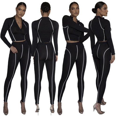 Stylish Solid Color Black Long Sleeve Sports Suit Women's Two Pieces Outfit S-XL