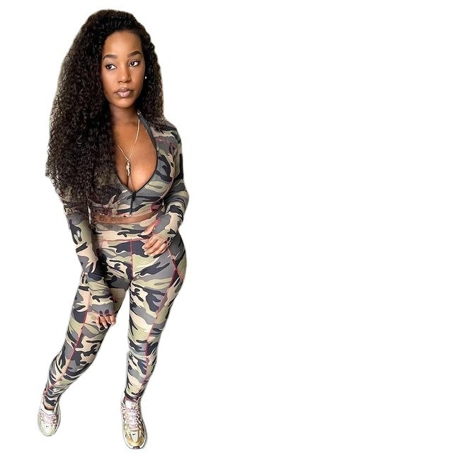 Women Fashion Camo Long Sleeve Zipper Crop Tops Slim Pants Two Pieces Outfit S-XL