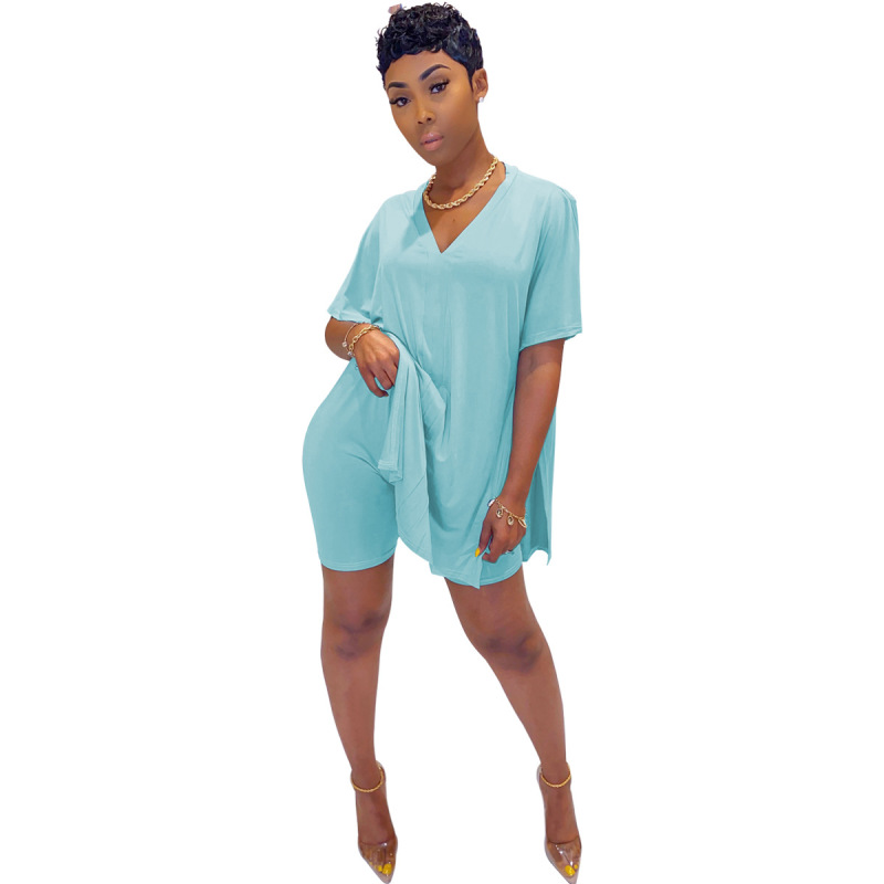 Women Casual Solid Color V-Neck Two Piece Set Pink Orange Red Purple Black Rose Red Blue S-2XL
