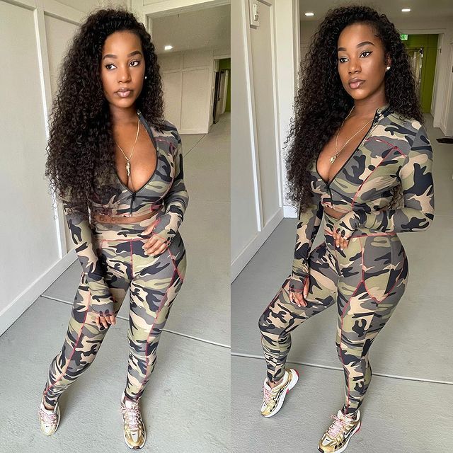 Women Fashion Camo Long Sleeve Zipper Crop Tops Slim Pants Two Pieces Outfit S-XL