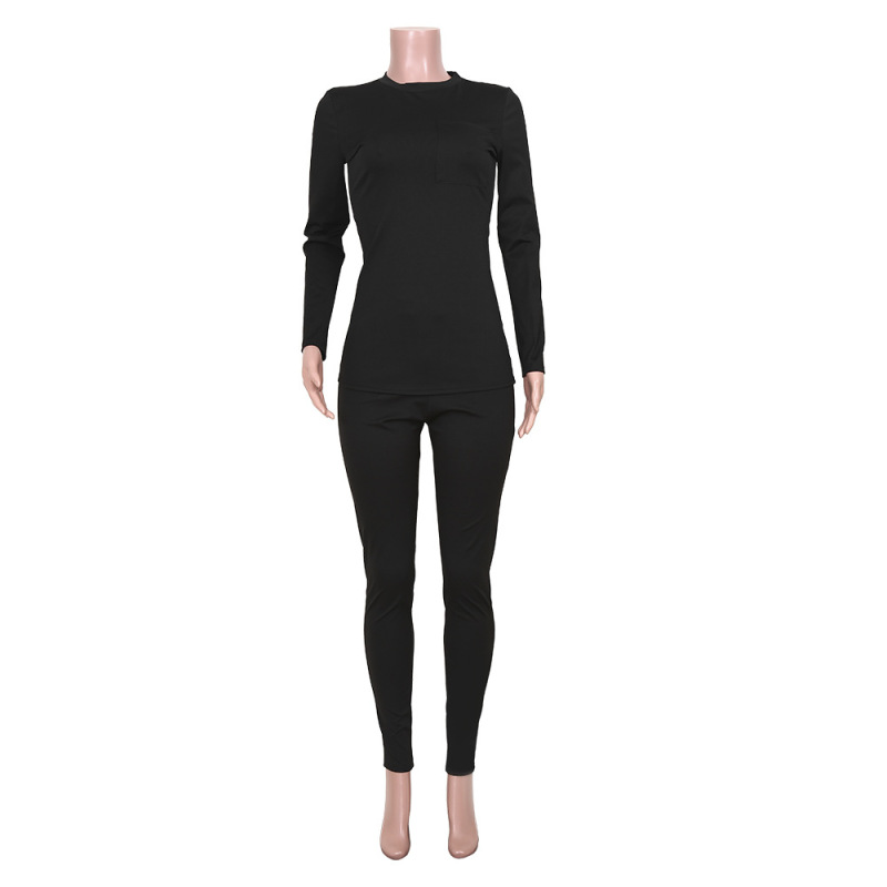 Basic Solid Color Black Long Sleeve Casual Wear Two Pieces Set S-XL