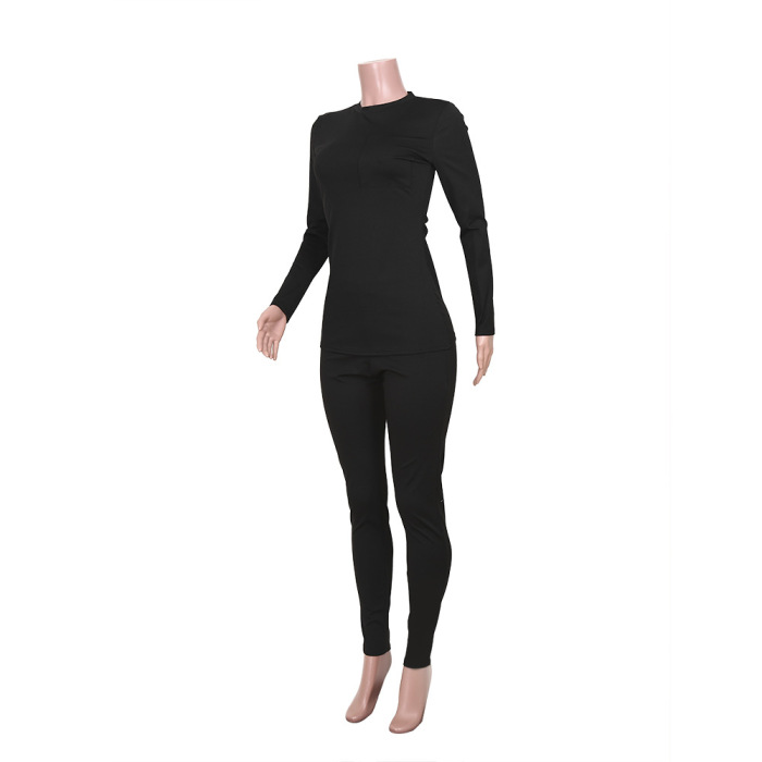 Basic Solid Color Black Long Sleeve Casual Wear Two Pieces Set S-XL