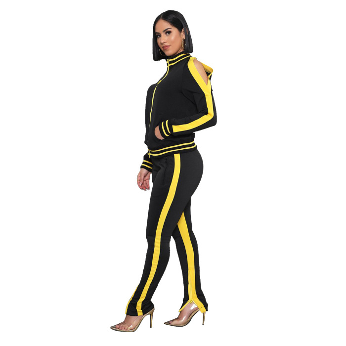 Fashion Short Sleeve Zipper Long Sleeve Active Wear Two pieces Outfit Black Yellow White Rose Red S-XXL