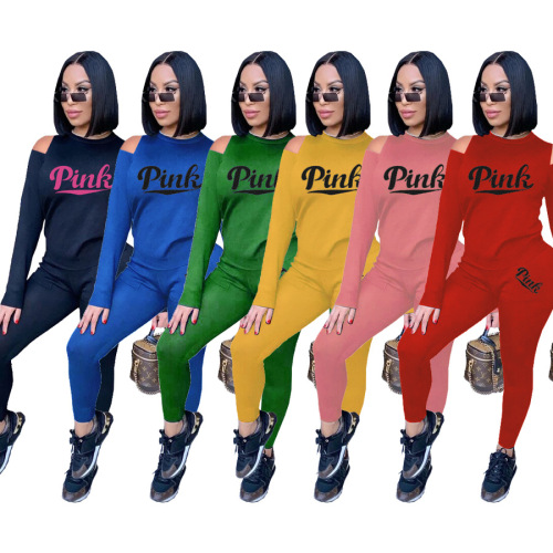 Women Hollow Out Shoulder Long Sleeve Sports Set Two Pieces Outfit Pink Yellow Red Black Green Blue S-2XL