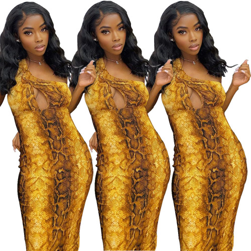 Women Sexy Snake Pattern Hollow Out Backless One Piece Dress Yellow S-2XL