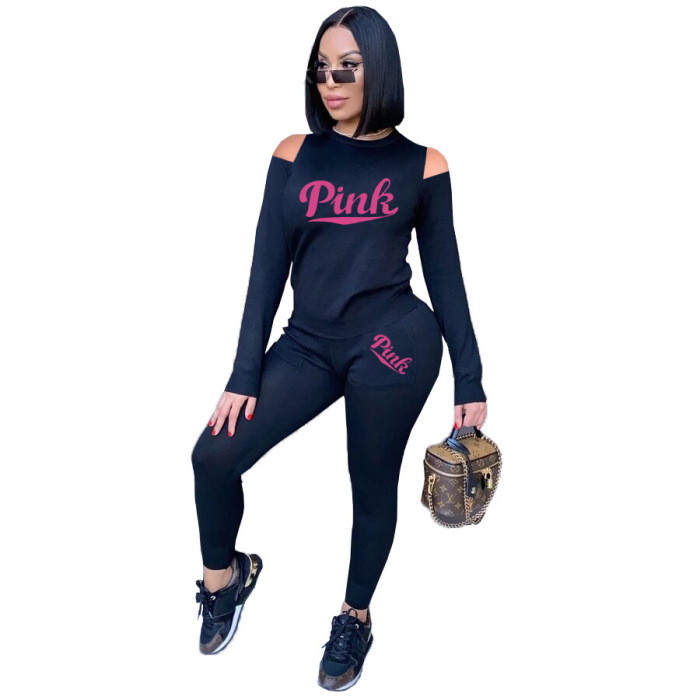 Women Hollow Out Shoulder Long Sleeve Sports Set Two Pieces Outfit Pink Yellow Red Black Green Blue S-2XL