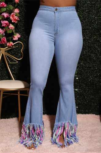 Women Fashion Hot Sale Tassel Jeans Pants Light Blue Dark Blue S-2XL