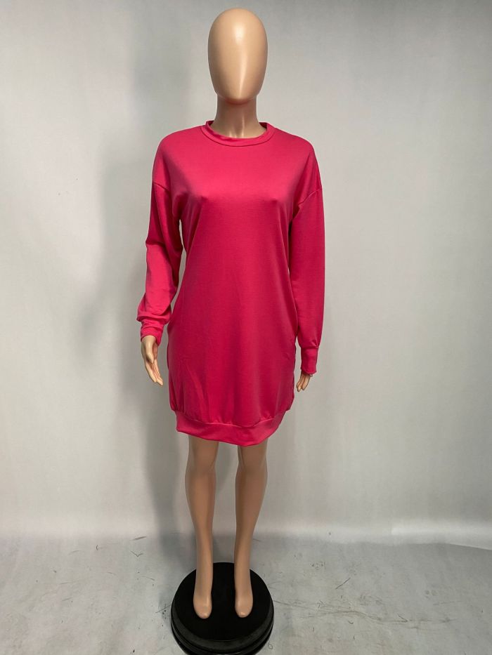 Women Long Sleeve Solid Color Mini Casual Dress Dark Gray Pink White S-2XL