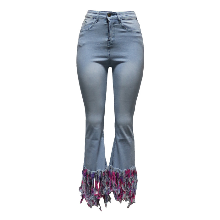 Women Fashion Hot Sale Tassel Jeans Pants Light Blue Dark Blue S-2XL