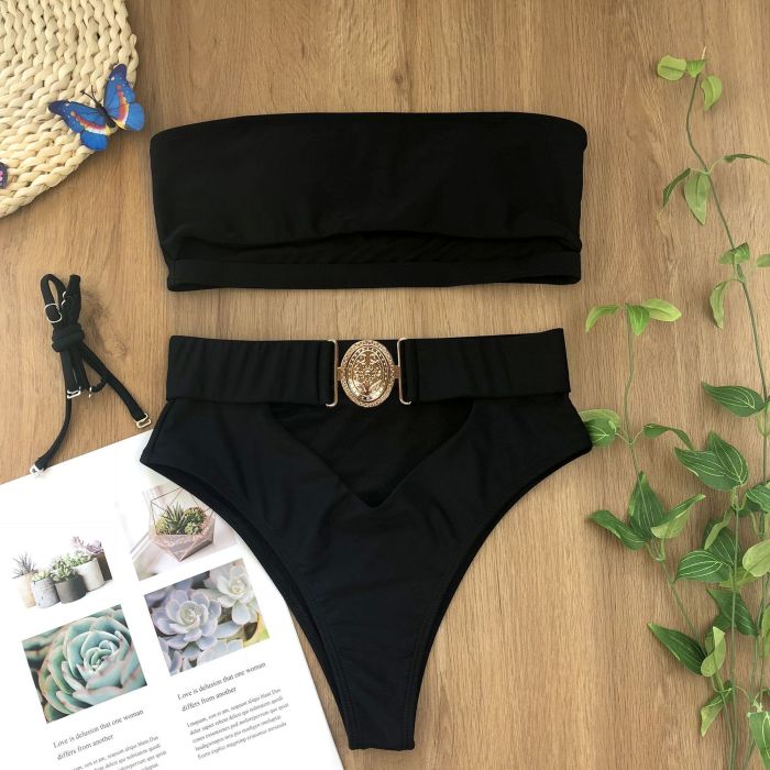 Sexy Hollow Out Exquisite Metal Buckle Women Bikini Two-piece Swimsuit White Red Black Rose Red Green Colorblock Crocodile Pattern S-L
