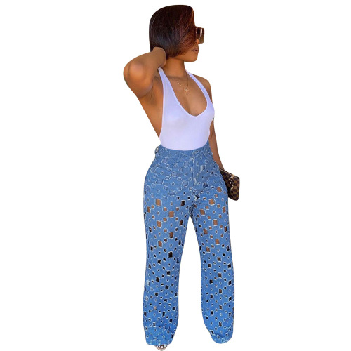 Women Solid Color Hollow Out Pants Blue S-2XL