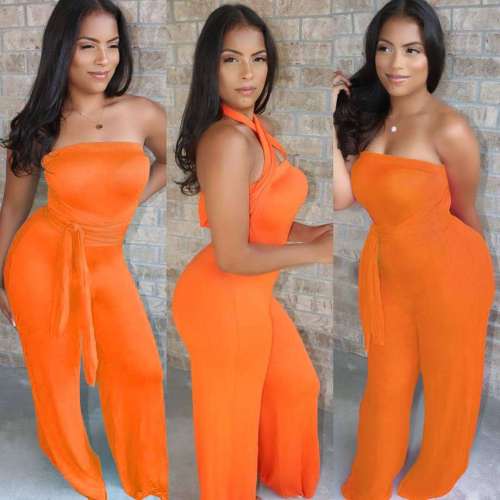 Women Solid Color Strapless Wide Leg Fashion Jumpsuits Orange Rose Red S-2XL