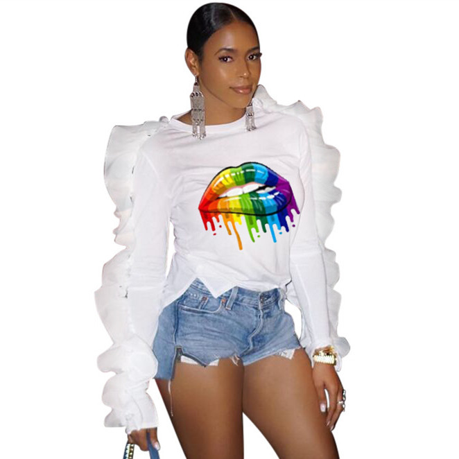 Lady Fashion Mesh Lips Pirnted Long Ruffle Sleeve Tops White Wine Red Fluorescent Green S-2XL