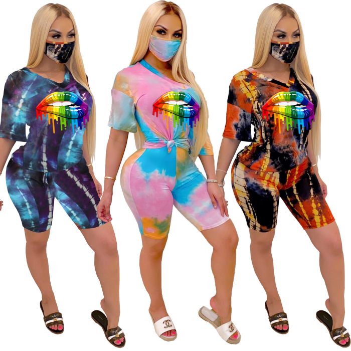 Women's Casual Wear Short Sleeve Lips Print O-Neck Shorts Sets Two Pieces Set S-2XL