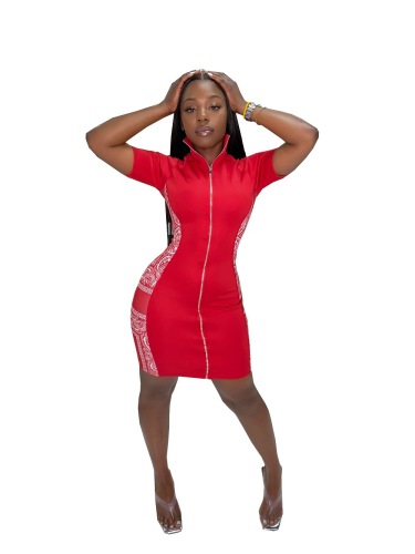 Hot Sale Short Sleeve Turtleneck Zipper Women Mini Bodycon Dress Blue Black Red S-2XL
