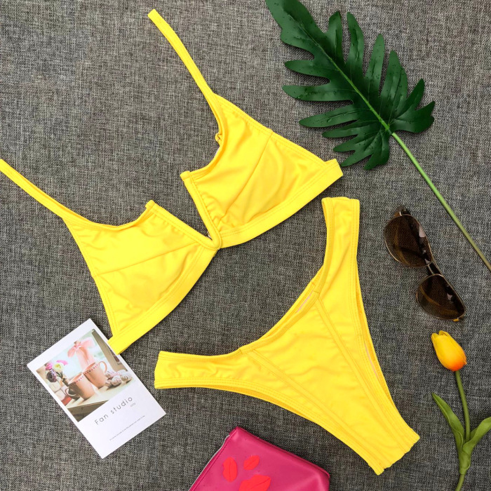Solid Color V-Neck Women Bikini Two-piece Swimsuit Pink White Blue Apricot Yellow Black Colorblock S-L