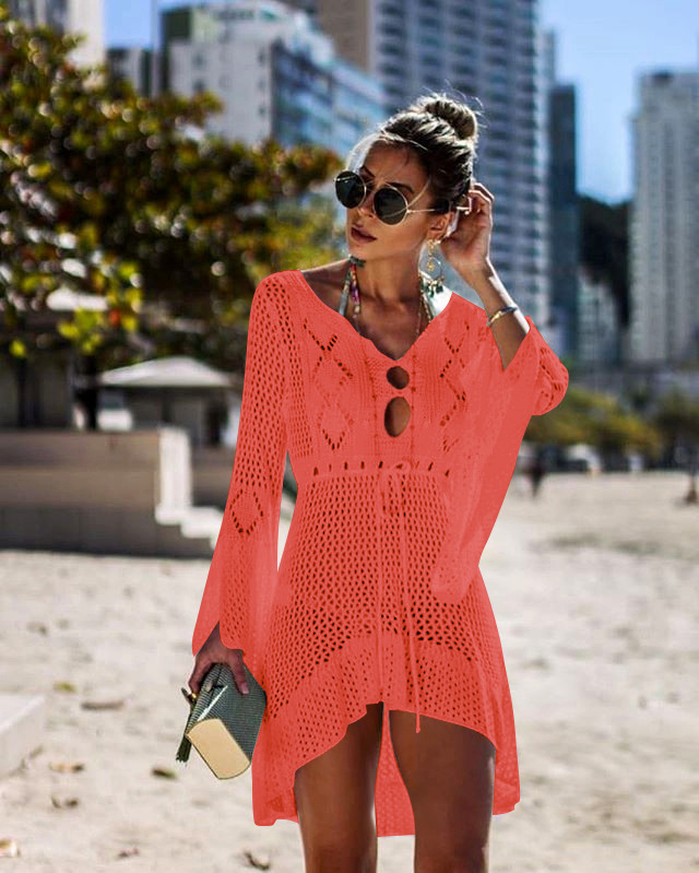 Women Summer Knitting Beach Cover Ups White Black Apricot Green Blue Orange M L