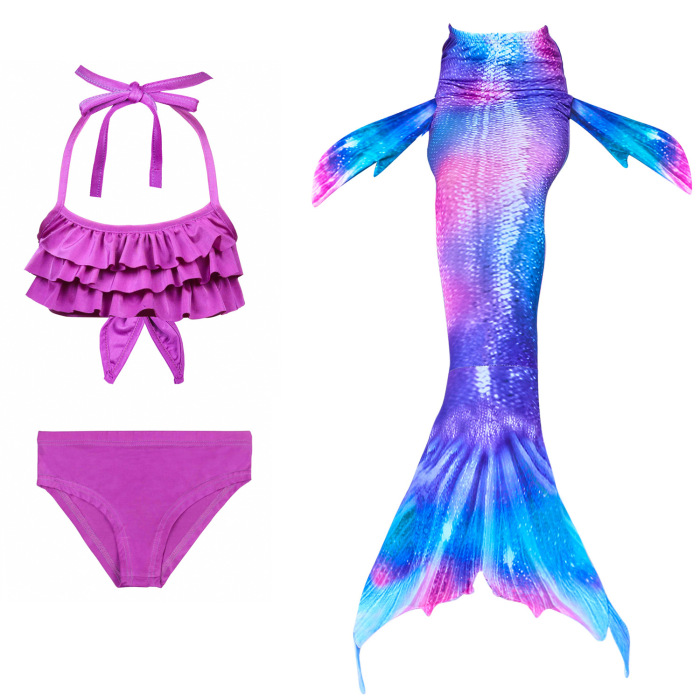 Childern's Mermaid Cute Three Piece Swimwear Blue Yellow Rose Red Purple 110-150