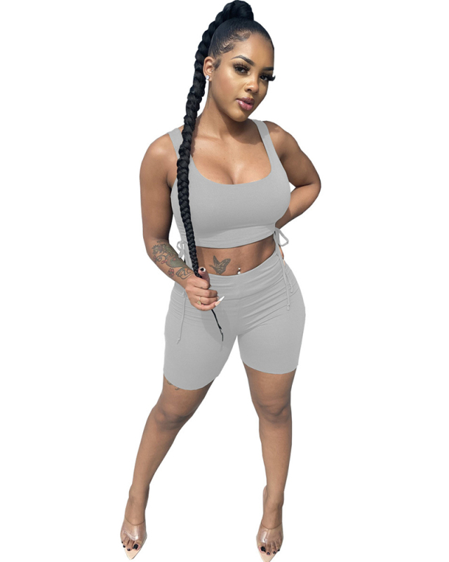 ( Presale March New Arrivals)Women Solid Color Crop Tops Strappy Two Piece Set Gray Black Green S-2XL