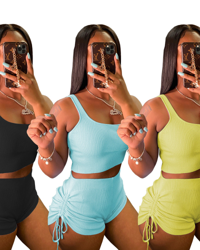 ( Presale March New Arrivals) Women Sexy Solid Color Vest Drawstring Shorts Casual Wear Two Piece Sets Black Yellow Blue S-2XL