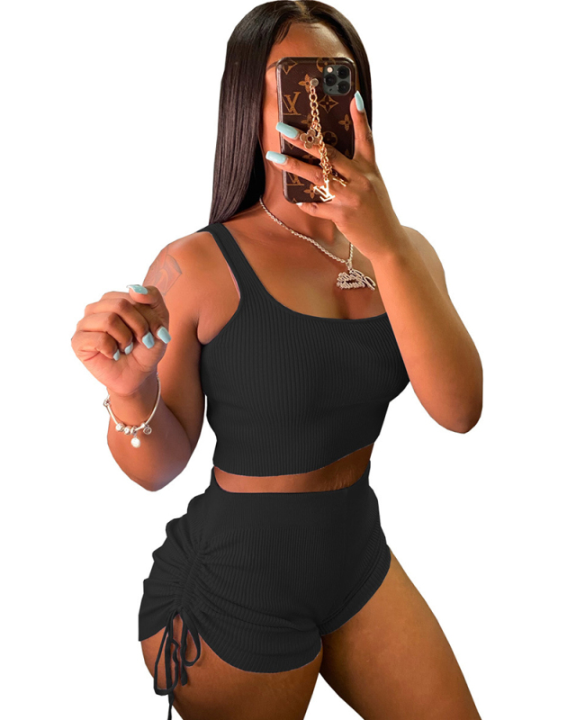 ( Presale March New Arrivals) Women Sexy Solid Color Vest Drawstring Shorts Casual Wear Two Piece Sets Black Yellow Blue S-2XL